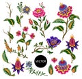 Indian ethnic ornament elements. Folk flowers and leaves for print or embroidery. Vector illustration.