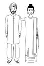 Indian family avatar cartoon character in black and white