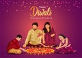 Indian family celebrate Diwali festival background with decorated Rangoli and Diya. vector illustration design Royalty Free Stock Photo