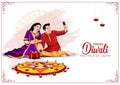 Indian family celebrate Diwali festival background with decorated Rangoli and Diya. vector illustration editable design Royalty Free Stock Photo