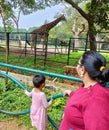 An Indian family enjoying a tall giraffe in Shri Chamrajendra Zoo in Mysore