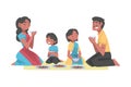 Indian Family with Little Kids Sitting on the Floor Having Meal Together Vector Illustration