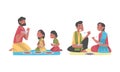 Indian Family with Little Kids Sitting on the Floor Having Meal Together Vector Set