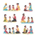 Indian Family with Little Kids Sitting on the Floor Having Meal Together Vector Set