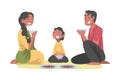 Indian Family with Little Son Sitting on the Floor Having Meal Together Vector Illustration