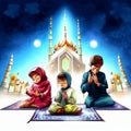 Indian family sitting on the prayer carpet in front of the temple. Generative AI