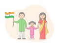 Indian Family Of Three Members Standing Together On White Background. Father, Mother, Daughter Characters With Outline