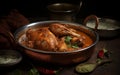 Indian Famous Cuisine: Chicken Gravy in Metal Serving Bowl