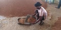 An indian farmer cleaning dust from wheat grain stock at government authorized food corporation center in India Royalty Free Stock Photo