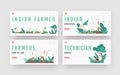 Indian Farmer Landing Page Template Set. Rural Men Characters in Traditional Clothes Plowing Field by Cow, Planting