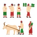 Indian farmers farming with equipment, flat cartoon vector illustration isolated