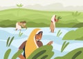 Indian farmers working on rice field, standing in water. Farm workers work on farmland in Asia. Happy people on Asian Royalty Free Stock Photo