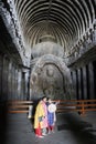 Indian female tourists take a selfie inside of Cave 10 - Vishvakarma cave - Ellora Caves, Maharashtra, India
