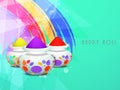 Indian Festival of Colours, Happy Holi Card or Poster Design with Three Paint Powder Filled Earthen Pots against Colorful Brush