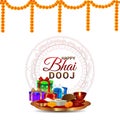 Indian festival of happy bhai dooj with creative vector illustration of gifts and puja thali