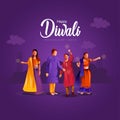 Indian festival Happy Diwali with Diwali props, holiday Background, Diwali celebrating people greeting card, vector illustration