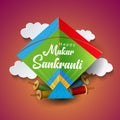 Indian festival Happy Makar Sankranti poster design with group of colorful kites flying cloudy sky. vector illustration design