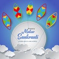 PrintIndian festival Happy Makar Sankranti poster design with group of colorful kites flying cloudy sky. vector illustration