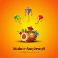 Indian festival Happy Makar Sankranti poster design with group of colorful kites flying yellow background. vector illustration Royalty Free Stock Photo
