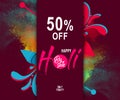 Indian festival holi with colorful pichkari and floral background for super sale offer banner