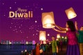 Indian festival of lights Happy Diwali with celebrating group of people, holiday Background, Diwali celebration greeting card, Royalty Free Stock Photo