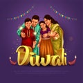 Indian festival of lights Happy Diwali with happy family, holiday Background, Diwali celebration greeting card, vector Royalty Free Stock Photo
