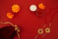 Indian festival Raksha Bandhan with wrist band Rakhi, Rice Grains and Kumkum.