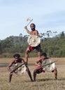 Indian fighters with sword and shield - Kalaripayattu marital art demonstration in Kerala, India