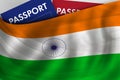 Indian flag background and passport of India. Citizenship, official legal immigration, visa, business and travel concept Royalty Free Stock Photo