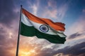 Indian flag waving in the wind against a colorful sunset or sunrise sky, Tricolor Indian Flag during Sunset and beautiful sky, AI Royalty Free Stock Photo