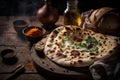 Indian flatbread with spices and herbs on a dark wooden background.