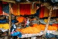 Indian flower seller sitting inside his retail for selling Marigold Galant at Mullick Ghat flower market in the morning in Kolkata