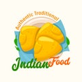 Indian Food, Authentic Tradition Label with Traditional Patties on Plate. Oriental Restaurant Cuisine Isolated Emblem