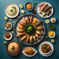 Indian food on blue background. Assorted Indian dishes, top view. generative ai