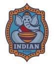 Indian food commercial logotype with elephant in Buddhist monk clothes