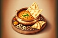 Indian Food or Indian Curry in a copper brass serving bowl with bread or roti Royalty Free Stock Photo