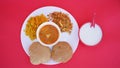 Indian food deep fried Puri Bhaji or Aloo ki Sabji, Potatoes and kheer