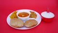 Indian food deep fried Puri Bhaji or Aloo ki Sabji, Potatoes and kheer