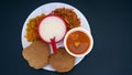 Indian food deep fried Puri Bhaji or Aloo ki Sabji, Potatoes and kheer Royalty Free Stock Photo