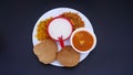 Indian food deep fried Puri Bhaji or Aloo ki Sabji, Potatoes and kheer Royalty Free Stock Photo