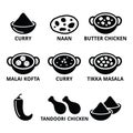 Indian food and dishes - curry, bread, butter chicken icons