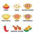 Indian food and dishes - curry, naan bread, butter chicken icons