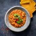 Indian food recipe. Chicken tikka masala spicy curry meat food in marble plate with spices and parsley on dark textured background Royalty Free Stock Photo