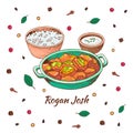 Indian food rogan josh. Asian traditional dish with different spices. Vector hand drawn