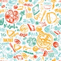 Indian Food seamless pattern background with lettering. Modern Sketch asian menu