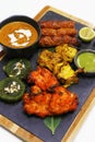 indian food speciality tandoori mix platter, includes chicken tikka, lamb seekh kebab, fish tikka, hara bhara kabab, dal makhani