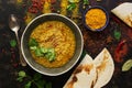 INDIAN FOOD. Thick Indian red lentil soup in the background with spices and homemade bread pita, lavash bread. View from above Royalty Free Stock Photo