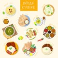 Indian food vector India cuisine and asian dishes masala with spicy rice and tandoori chicken illustration set of asia