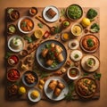 Indian food on wooden background. Assorted Indian dishes, top view. generative ai