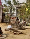 Indian funeral preparation going on at village Panchu in Rajasthan in sunlight